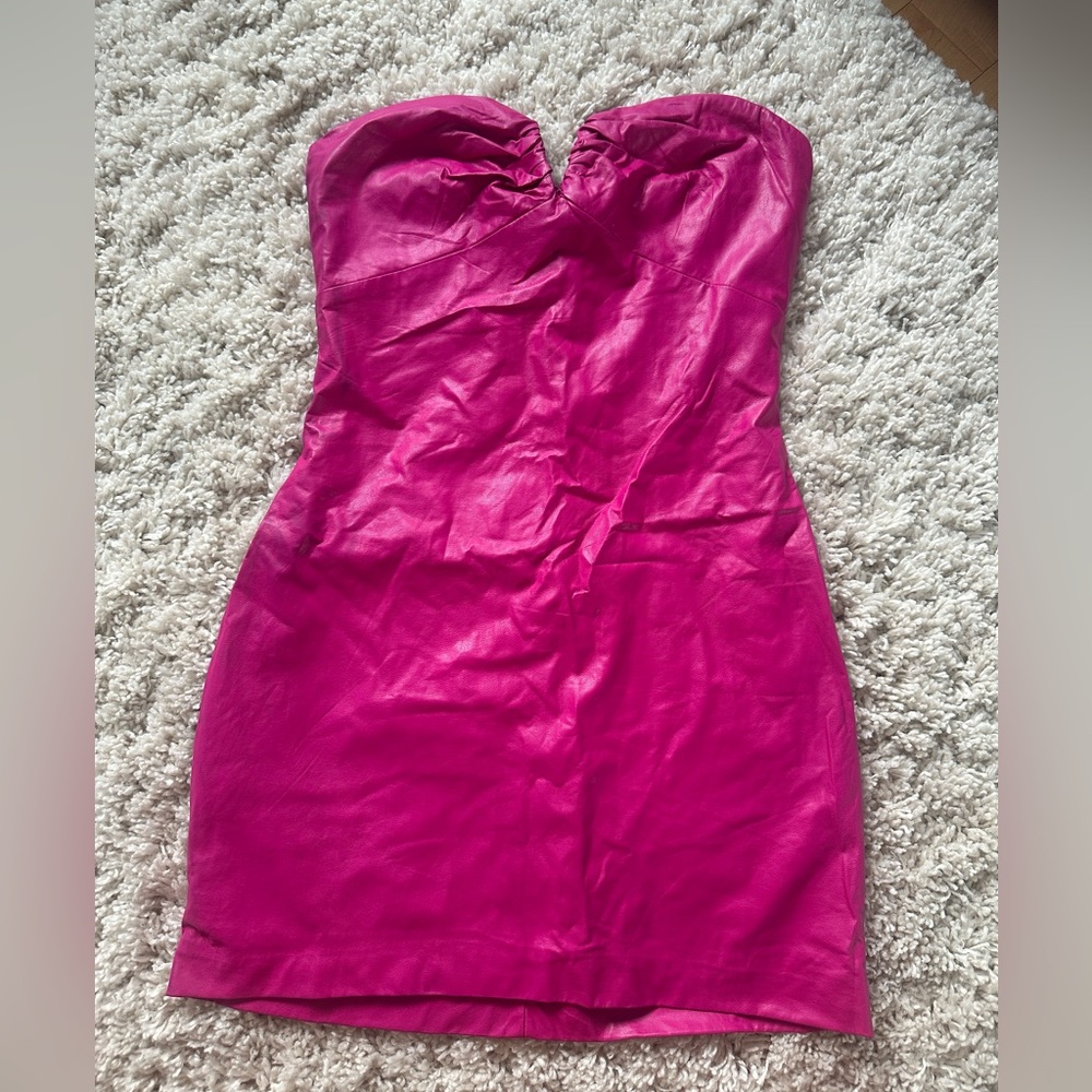 Pink Faux Leather Strapless Dress
